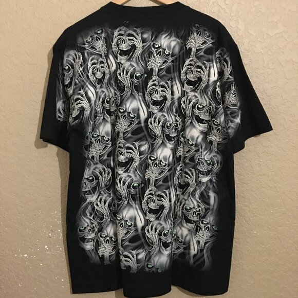 Skull Skeleton All Over Print Black T-Shirt XL Death Fear - Picture 3 of 5
